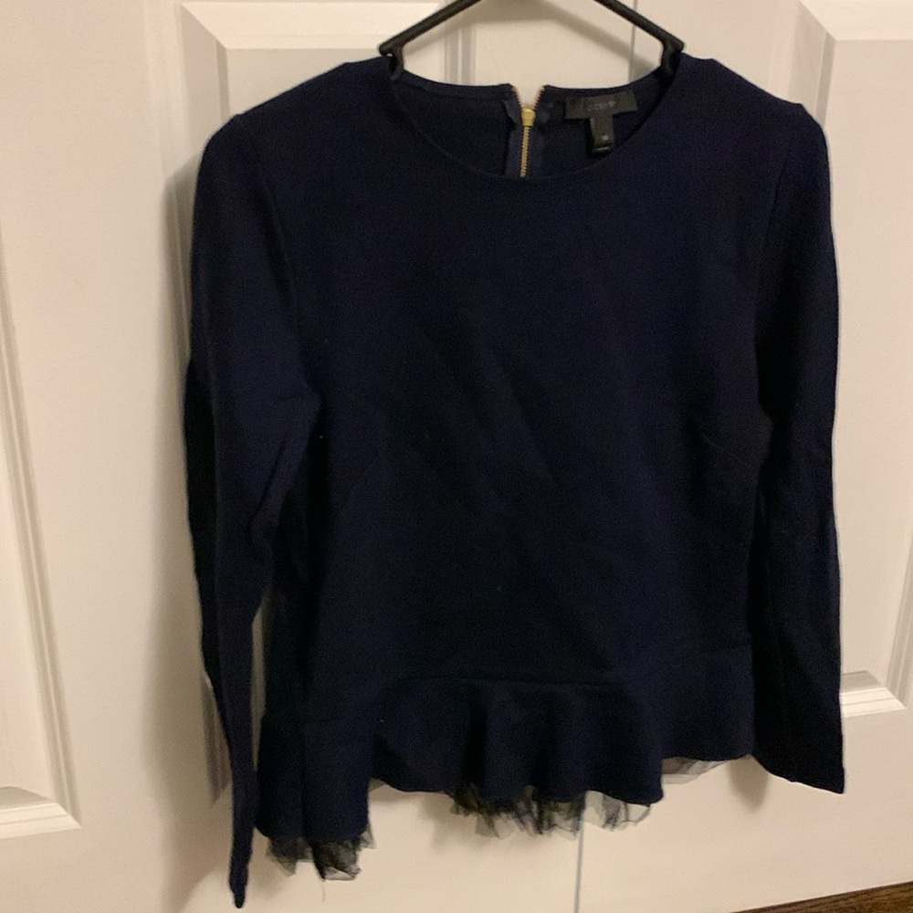 Navy blue Jcrew top with black tulle hem